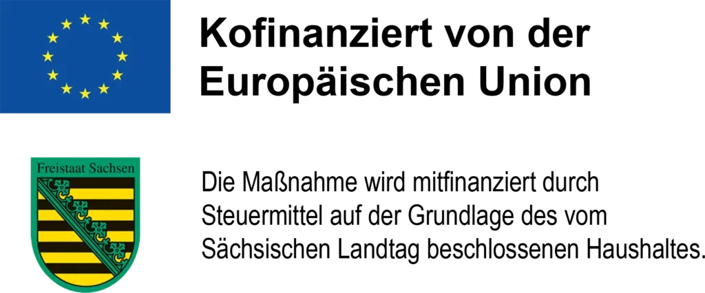 EU Logo und Wappen Freistaat Sachsen mit Text Kofinanziert von der Europaeischen Union