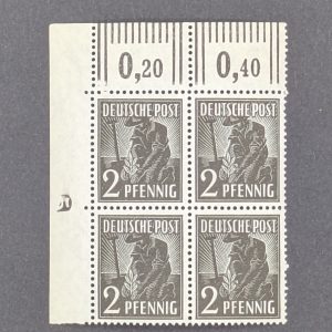 Mi.-Nr.943 DZ, postfrischer Eckrandviererblock oben links mit Druckereizeichen