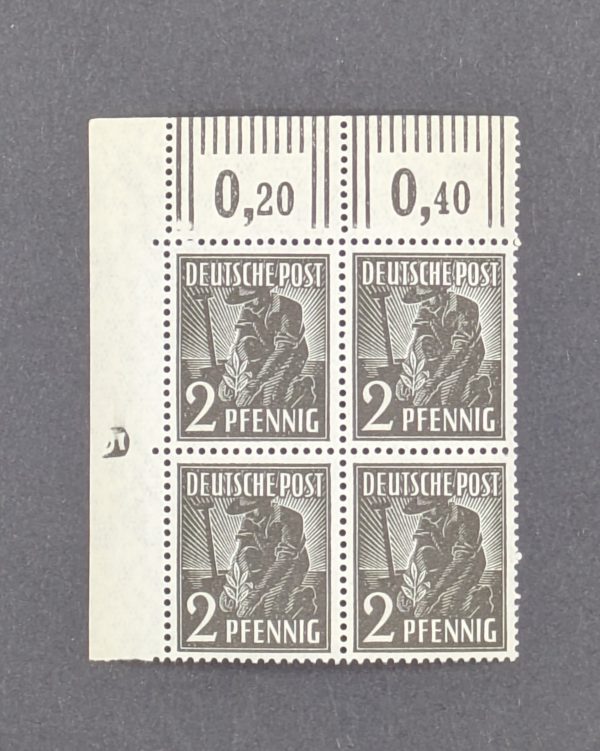 Mi.-Nr.943 DZ, postfrischer Eckrandviererblock oben links mit Druckereizeichen