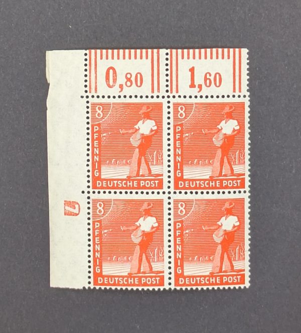 Mi.-Nr.945 DZ, postfrischer Eckrandviererblock mit Druckereizeichen