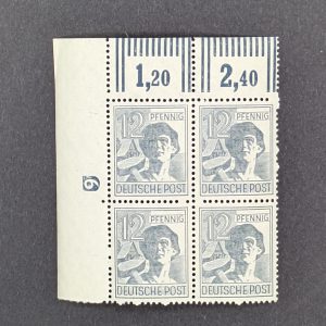 Mi.-Nr 947 DZ, postfrischer Eckrandviererblock mit Druckereizeichen