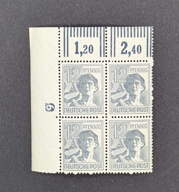 Mi.-Nr 947 DZ, postfrischer Eckrandviererblock mit Druckereizeichen