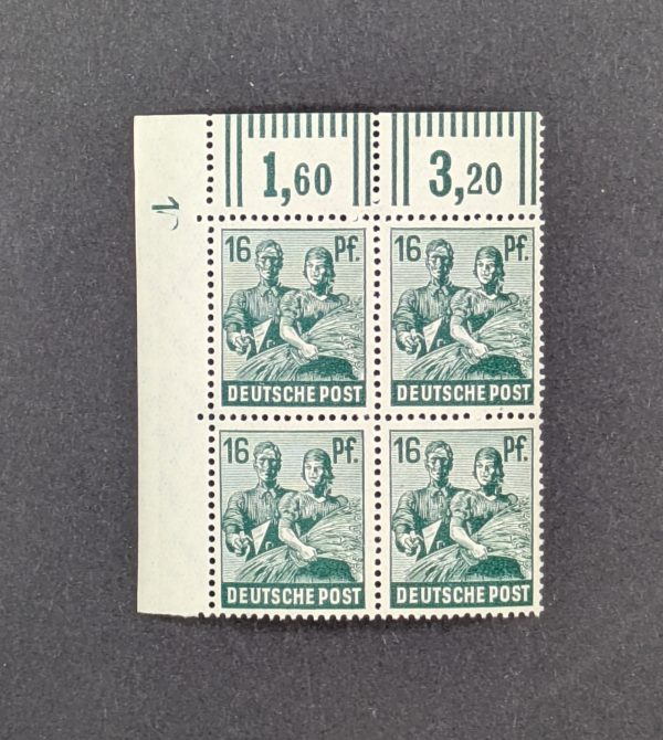 Mi.-Nr.949 DZ, postfrischer Eckrandviererblock mit Druckereizeichen