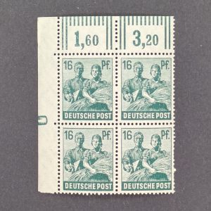 Postfrischer Eckrand-Viererblock Mi.-Nr. 949 DZ oben links mit Druckereizeichen