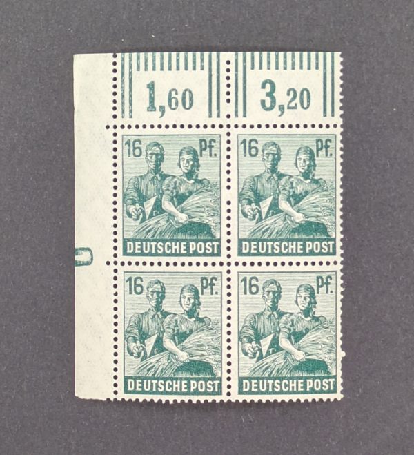 Postfrischer Eckrand-Viererblock Mi.-Nr. 949 DZ oben links mit Druckereizeichen