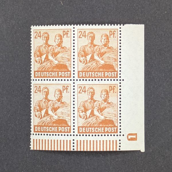 Mi.-Nr.951 DZ, postfrischer Eckrandviererblock mit Druckereizeichen