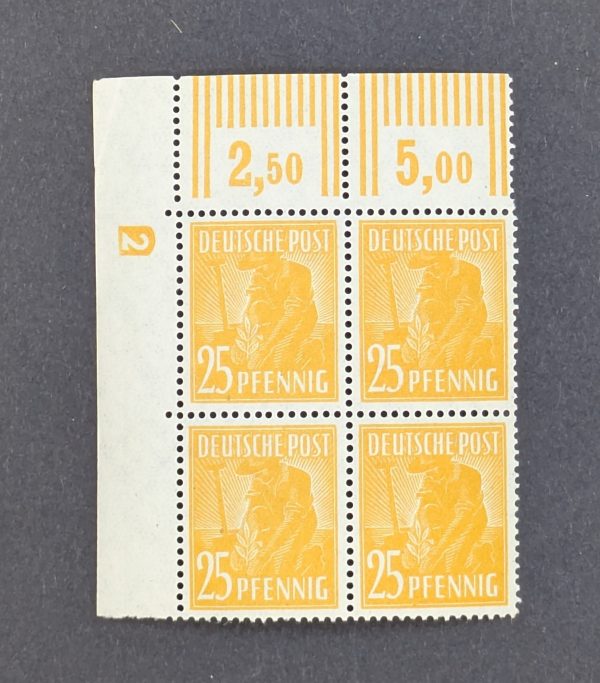 Mi.-Nr.952 DZ, postfrischer Eckrandviererblock mit Druckereizeichen