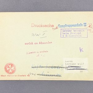 Markenlose Drucksache an die Kampftruppenschule III, mit diversen Zurück - Vermerken