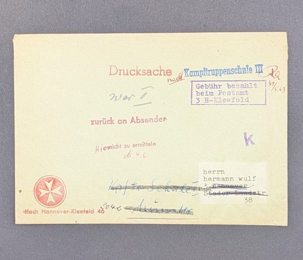 Markenlose Drucksache an die Kampftruppenschule III, mit diversen Zurück - Vermerken