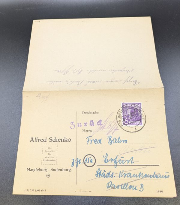 Mi.-Nr.167 IV, als EF auf Bedarfskarte mit Zurückvermerk