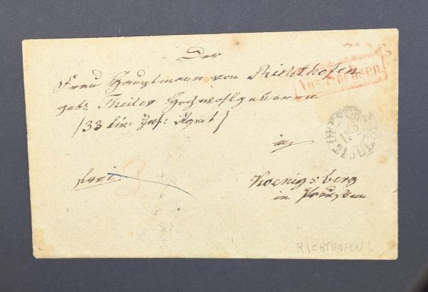 Markenloser Brief aus 1791, von Dresden nach Königsberg, mit rotem R1 "Aus Sachsen"