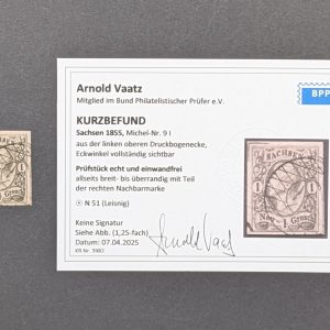 Mi.-Nr.9I, gestempelt, aus der linken oberen Druckbogenecke, mit vollständig sichtbarem Eckwinkel