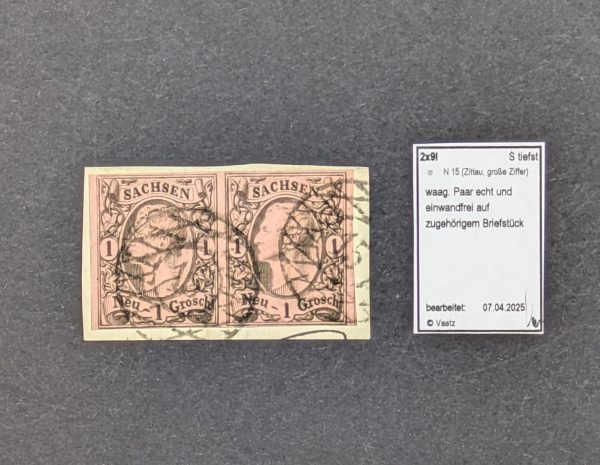 Mi.-Nr.9I, waagerechtes Paar auf Briefstück, entwertet mit Nummernstempel 15 (Zittau)