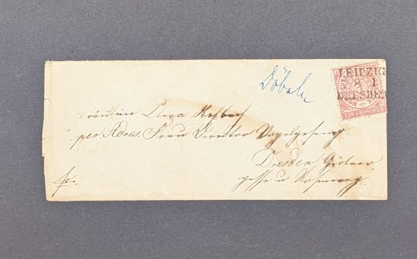 NDP Mi.-Nr.16 auf Brief, mit nachverwendetem Bahnpoststempel "Leipzig-Dresden