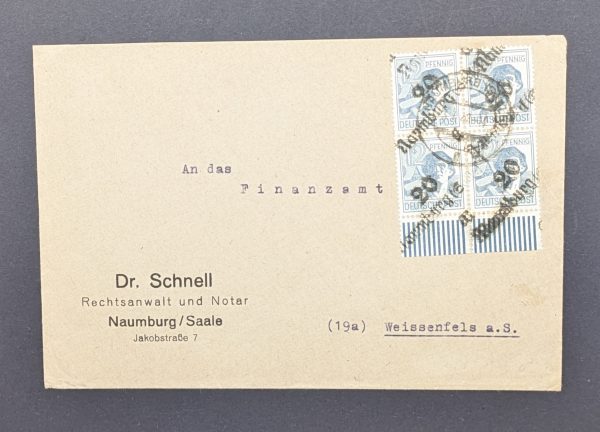 Mi.-Nr.170 IV, (Naumburg-Saale), Viererblock vom Unterrand als portogerechte MeF auf Bedarfsbrief, gepr.