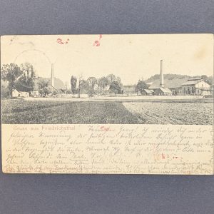 Ansichtskarte von Friedrichsthal, frankiert mit einer MeF der Mi.-Nr.70 (2) nach Chingleput, East India